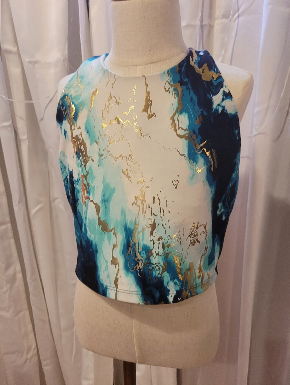 Old Navy Marbled Crop Tank - White, Teal & Navy with Gold Veins